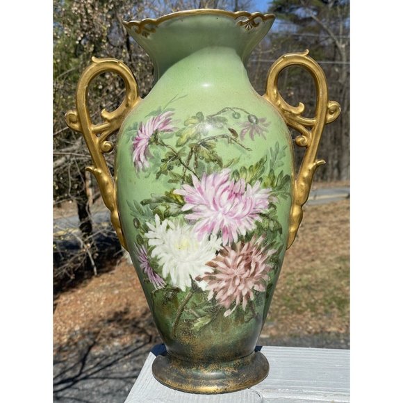 LARGE 15.5" Antique Continental Porcelain Hand Painted Gilt Handled Vase - Picture 16 of 16